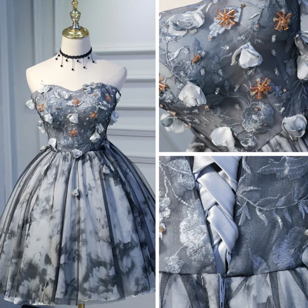 Chic / Beautiful Grey Graduation Dresses 2018 A-Line / Princess Tulle Appliques Backless Beading Strapless Homecoming Formal Dresses