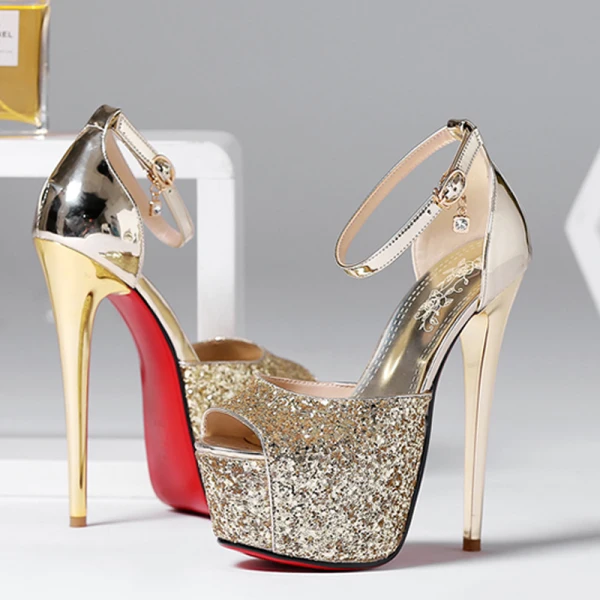 Sparkly Gold 2018 High Heels Leatherette Ankle Strap Glitter Sequins Sandals 15 cm Open / Peep Toe Stiletto Heels Evening Party Womens Shoes