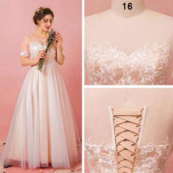 Chic / Beautiful Champagne Plus Size Prom Dresses 2018 A-Line / Princess Tulle U-Neck Lace-up Strappy Appliques Backless Evening Party Prom Formal Dresses