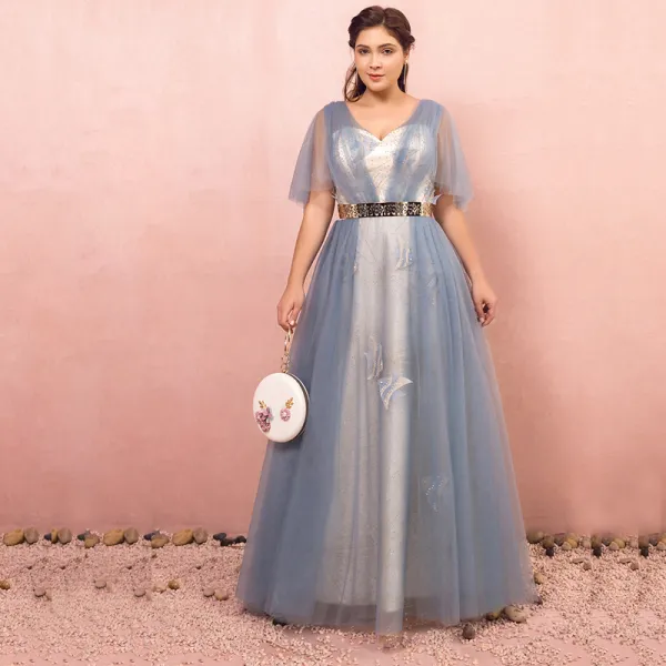 Sparkly Bling Bling Sky Blue Plus Size Evening Dresses  2018 A-Line / Princess Tulle V-Neck Backless Beading Rhinestone Evening Party Prom Dresses