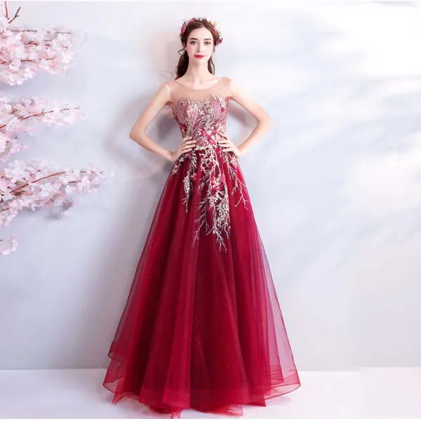 Moderne Mode Rouge Robe De Soiree 2018 Princesse Tulle U Cou Appliques Dos Nu Perlage Paillettes