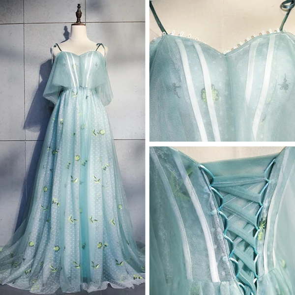 Fine Jadegrønn Domstol Tog Selskapskjoler 2018 Prinsesse Tyll V-Hals Ryggløse Brodert Printing Aften Formelle Kjoler