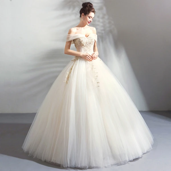Classic Elegant White Champagne Floor-Length / Long Wedding 2018 Tulle Lace-up Appliques Backless Beading Strapless Ball Gown Wedding Dresses