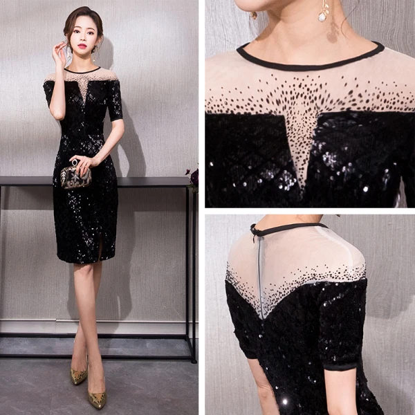 Moderne / Mode Noire Courte Robe De Graduation 2018 Tulle U-Cou Trompette / Sirène Perlage Paillettes de retour Robe De Ceremonie