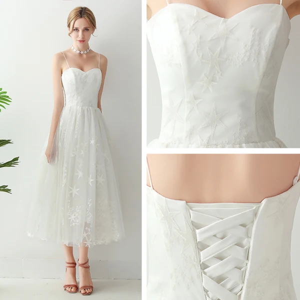 Chic / Beautiful White Tea-length Evening Dresses 2018 A-Line / Princess Tulle Appliques Star Backless Evening Party Formal Dresses