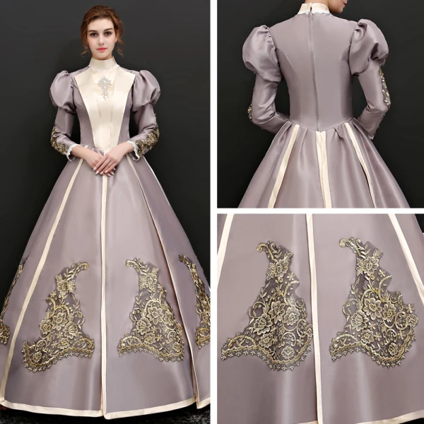 Vintage / Retro Champagne Floor-Length / Long Prom Dresses 2018 Lace-up Charmeuse High Neck Appliques Evening Party Ball Gown Formal Dresses