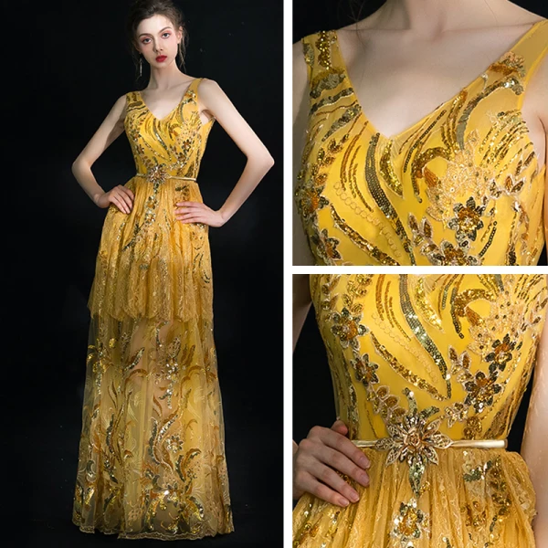 Luxury / Gorgeous Sparkly Gold Floor-Length / Long Evening Dresses 2018 A-Line / Princess V-Neck Tulle Backless Handmade Beading Sequins Evening Party Formal Dresses