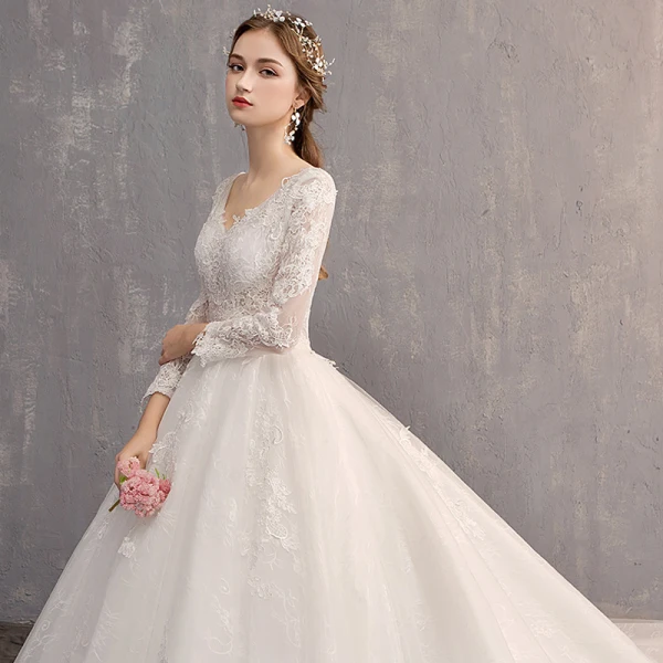 Classic Elegant White Ball Gown Wedding Dresses 2019 Lace Tulle V-Neck 3/4 Sleeve Appliques Backless Embroidered Cathedral Train Church Wedding
