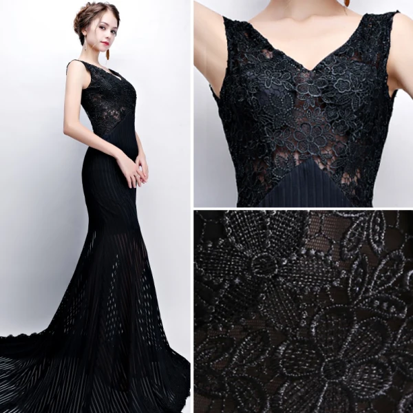 Modern / Fashion Black Evening Dresses 2017 Trumpet / Mermaid V-Neck Lace Embroidered Striped Backless Evening Party Formal Dresses