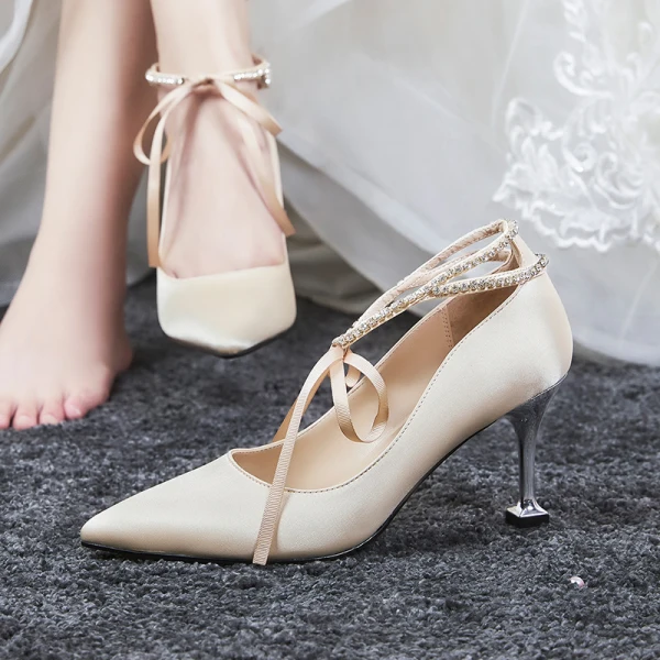 Chic / Beautiful Champagne Wedding Shoes 2020 8 cm / 3 inch Satin Rhinestone Strappy Pointed Toe Heels Womens Shoes