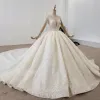 Modern / Fashion White Ball Gown Wedding Dresses 2020 Long Sleeve U-Neck Tulle 3D Lace Backless Beading Crystal Pearl Sequins Cathedral Train Wedding