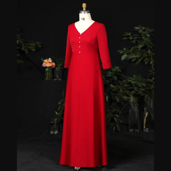Modest / Simple Burgundy Plus Size Evening Dresses  2021 A-Line / Princess Floor-Length / Long V-Neck Long Sleeve Zipper Up Satin Beading Pearl Solid Color Prom Evening Party Formal Dresses