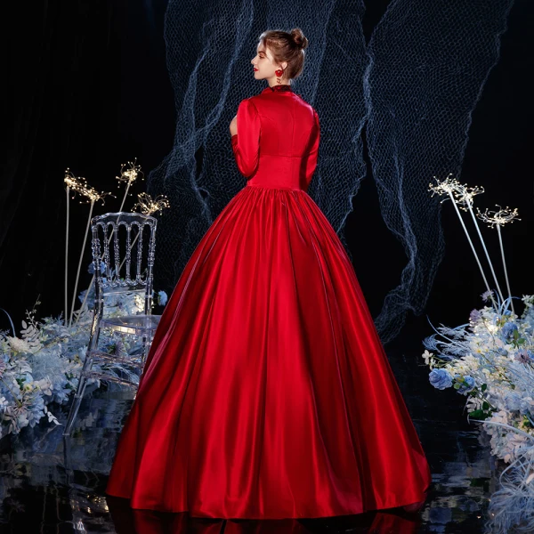 Vintage Retro Medieval Gothic Red Ball Gown Prom Dresses 2021 High Neck Zipper Up Long