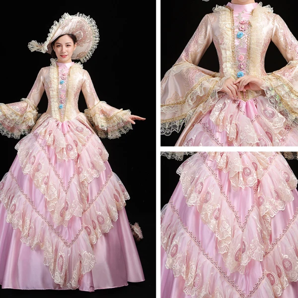 Vintage / Retro Medieval Candy Pink Ball Gown Prom Dresses 2021 High Neck Long Sleeve Floor-Length / Long 3D Lace Appliques Embroidered Handmade Cosplay Prom Formal Dresses