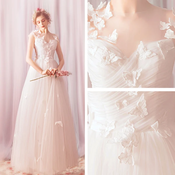 Charming White Floor-Length / Long 2018 Wedding A-Line / Princess Tulle V-Neck Butterfly Appliques Backless Wedding Dresses