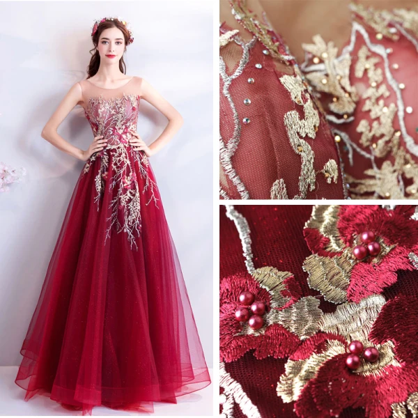 Modern / Fashion Red Evening Dresses 2018 A-Line / Princess Tulle U-Neck Appliques Backless Beading Sequins Formal Dresses