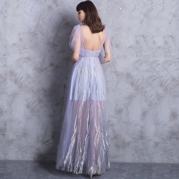 Modern / Fashion Floor-Length / Long Lavender Evening Dresses 2018 A-Line / Princess V-Neck Tulle Appliques Backless Formal Dresses