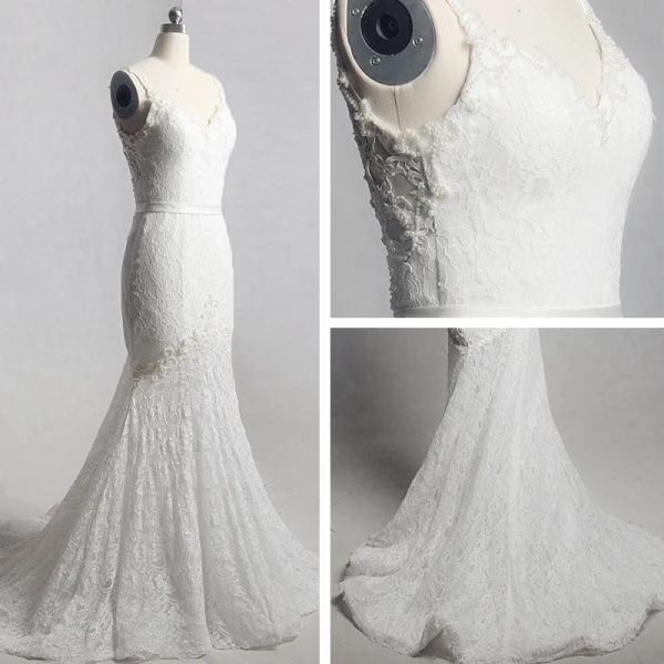 Luxury / Gorgeous Ivory Court Train Wedding 2018 Trumpet / Mermaid Lace V-Neck Lace-up Appliques Backless Beading Pierced Wedding Dresses