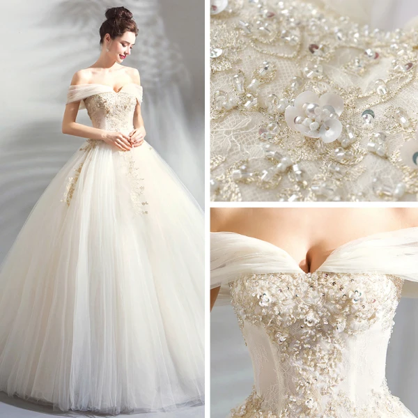 Classic Elegant White Champagne Floor-Length / Long Wedding 2018 Tulle Lace-up Appliques Backless Beading Strapless Ball Gown Wedding Dresses