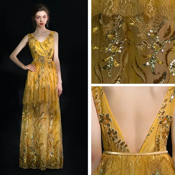 Luxury / Gorgeous Sparkly Gold Floor-Length / Long Evening Dresses 2018 A-Line / Princess V-Neck Tulle Backless Handmade Beading Sequins Evening Party Formal Dresses