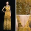 Luxury / Gorgeous Sparkly Gold Floor-Length / Long Evening Dresses  2018 A-Line / Princess V-Neck Tulle Backless Handmade  Beading Sequins Evening Party Formal Dresses