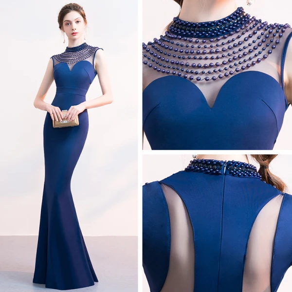 Sexy Modern / Fashion Royal Blue Evening Dresses 2018 Floor-Length / Long High Neck Charmeuse Beading Appliques Pageant Trumpet / Mermaid Formal Dresses
