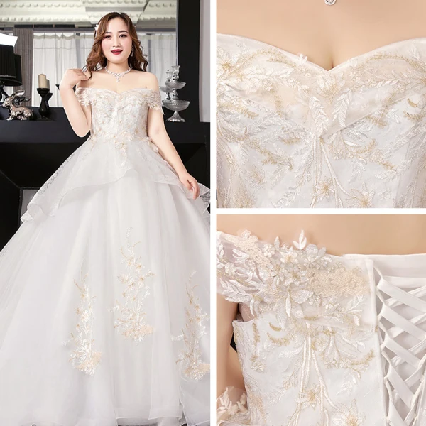 Romantique Blanche Robe Boule Grande Taille Robe De Mariée 2019 En Dentelle Tulle Dos Nu Perlage Bustier Chapel Train Mariage