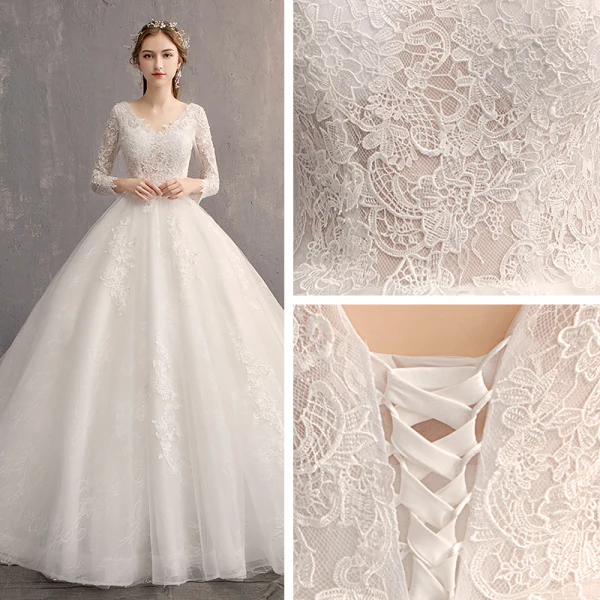 Classic Elegant White Ball Gown Wedding Dresses 2019 Lace Tulle V-Neck 3/4 Sleeve Appliques Backless Embroidered Cathedral Train Church Wedding
