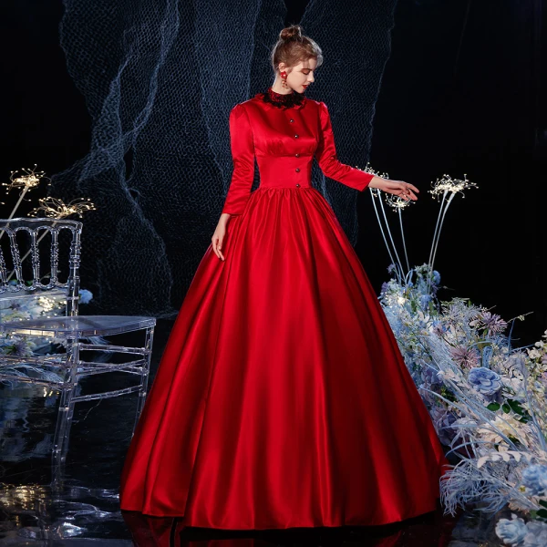 Vintage / Retro Medieval Gothic Red Ball Gown Prom Dresses 2021 High Neck Zipper Up Long Sleeve Floor-Length / Long Buckle Lace Cosplay Prom Formal Dresses