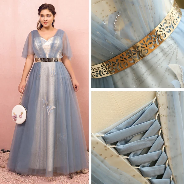 Scintillantes Bling Bling Bleu Ciel Grande Taille Robe De Soirée 2018 Princesse Tulle V-Cou Dos Nu Perlage Faux Diamant Soirée Robe De Bal