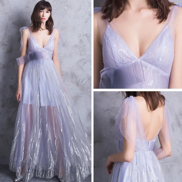 Modern / Fashion Floor-Length / Long Lavender Evening Dresses 2018 A-Line / Princess V-Neck Tulle Appliques Backless Formal Dresses