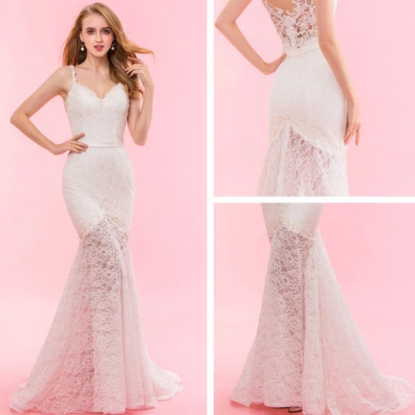 Luxury / Gorgeous Ivory Court Train Wedding 2018 Trumpet / Mermaid Lace V-Neck Lace-up Appliques Backless Beading Pierced Wedding Dresses