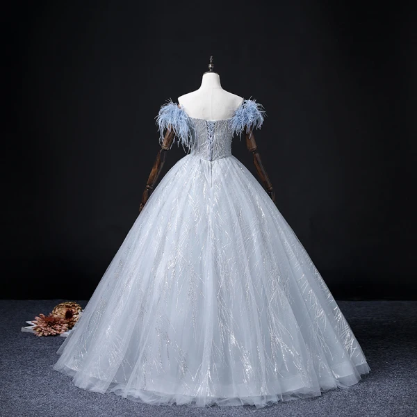 Fashion Sky Blue Beading Pearl Sequins Prom Dresses 2022 Ball Gown Tassel Off-The-Shoulder Short Sleeve Backless Floor-Length / Long Formal Dresses
