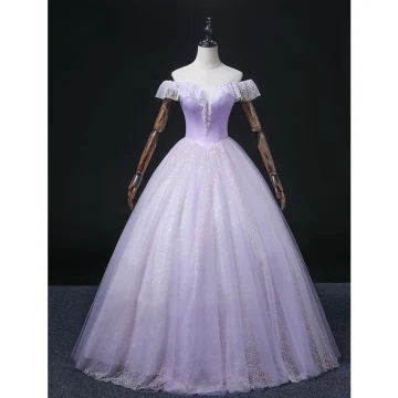 Chic Beautiful Lavender Laser Sequins Prom Dresses 2022 Ball Gown Off The Shoulder Short Sleeve Backless Floor Length Long Prom Formal Dresses
