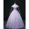 Chic / Beautiful Lavender Laser Sequins Prom Dresses 2022 Ball Gown Off-The-Shoulder Short Sleeve Backless Floor-Length / Long Prom Formal Dresses