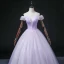 Chic / Beautiful Lavender Laser Sequins Prom Dresses 2022 Ball Gown Off-The-Shoulder Short Sleeve Backless Floor-Length / Long Prom Formal Dresses