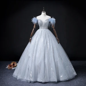 Fashion Sky Blue Beading Pearl Sequins Prom Dresses 2022 Ball Gown Tassel Off The Shoulder Short Sleeve Backless Floor Length Long Formal Dresses