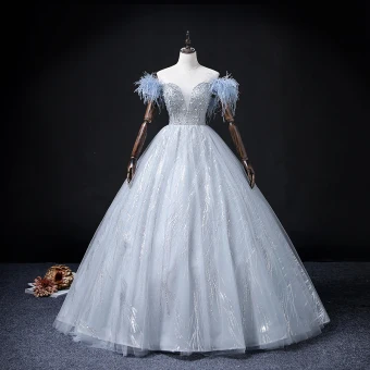 Mode Bleu Ciel Perlage Perle Paillettes Robe De Bal 2022 Robe Boule Gland De L Épaule Manches Courtes Dos Nu Longue Robe De Ceremonie