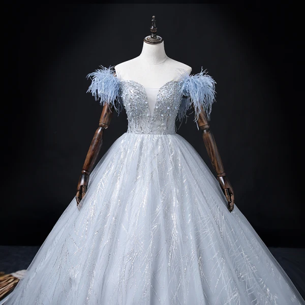 Fashion Sky Blue Beading Pearl Sequins Prom Dresses 2022 Ball Gown Tassel Off-The-Shoulder Short Sleeve Backless Floor-Length / Long Formal Dresses
