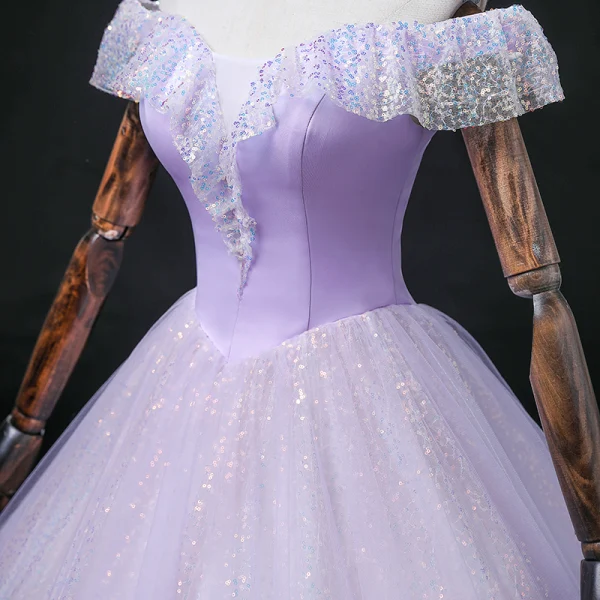 Chic / Beautiful Lavender Laser Sequins Prom Dresses 2022 Ball Gown Off-The-Shoulder Short Sleeve Backless Floor-Length / Long Prom Formal Dresses