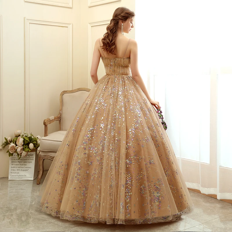 Chic Beautiful Champagne Prom Dresses 2020 Ball Gown Spaghetti Straps  Sleeveless Sequins Floor Length Long Ruffle Backless Formal Dresses