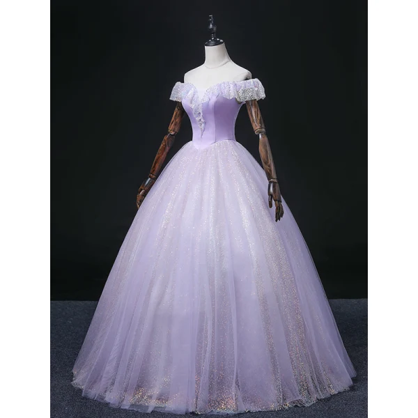 Chic / Beautiful Lavender Laser Sequins Prom Dresses 2022 Ball Gown Off-The-Shoulder Short Sleeve Backless Floor-Length / Long Prom Formal Dresses