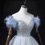 Fashion Sky Blue Beading Pearl Sequins Prom Dresses 2022 Ball Gown Tassel Off-The-Shoulder Short Sleeve Backless Floor-Length / Long Formal Dresses