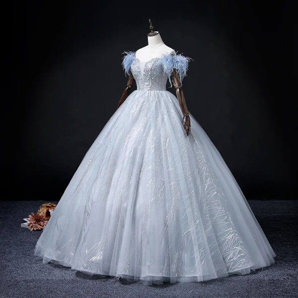 Fashion Sky Blue Beading Pearl Sequins Prom Dresses 2022 Ball Gown Tassel Off-The-Shoulder Short Sleeve Backless Floor-Length / Long Formal Dresses