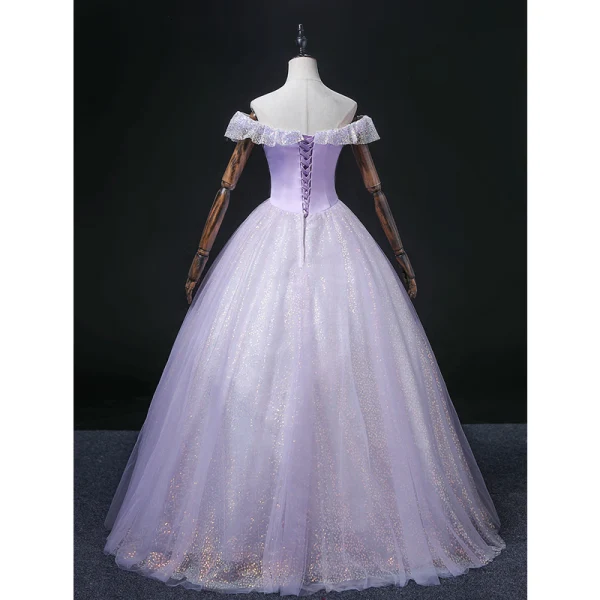 Chic / Beautiful Lavender Laser Sequins Prom Dresses 2022 Ball Gown Off-The-Shoulder Short Sleeve Backless Floor-Length / Long Prom Formal Dresses