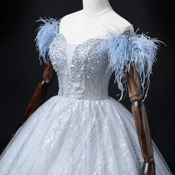 Fashion Sky Blue Beading Pearl Sequins Prom Dresses 2022 Ball Gown Tassel Off-The-Shoulder Short Sleeve Backless Floor-Length / Long Formal Dresses