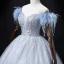 Fashion Sky Blue Beading Pearl Sequins Prom Dresses 2022 Ball Gown Tassel Off-The-Shoulder Short Sleeve Backless Floor-Length / Long Formal Dresses