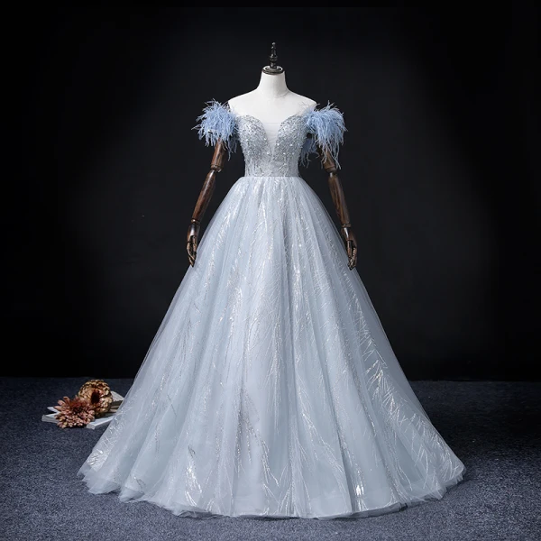 Fashion Sky Blue Beading Pearl Sequins Prom Dresses 2022 Ball Gown Tassel Off-The-Shoulder Short Sleeve Backless Floor-Length / Long Formal Dresses
