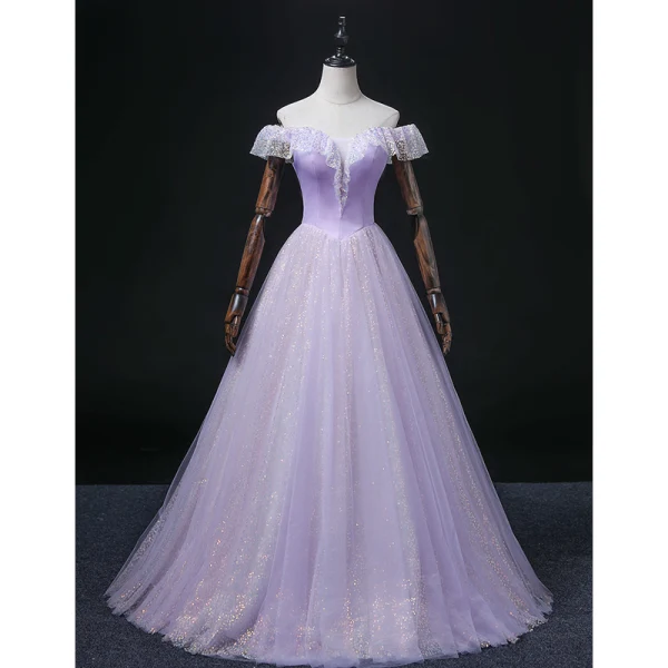 Chic / Beautiful Lavender Laser Sequins Prom Dresses 2022 Ball Gown Off-The-Shoulder Short Sleeve Backless Floor-Length / Long Prom Formal Dresses