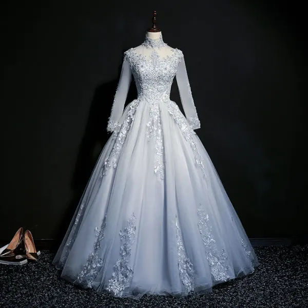 Classique Bleu Ciel Transparentes Robe De Bal 2018 Robe Boule Col Haut Manches Longues Appliques En Dentelle Perle Perlage Paillettes Longue Volants Dos Nu Robe De Ceremonie